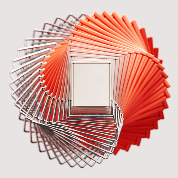 Rotierende rote und weiße Bücherregale, modernes Design.